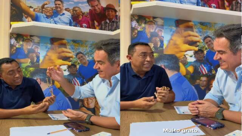 Joel recebe um terço que veio direto de Israel. O presente foi dado pelo senador Ciro