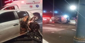 Uma pessoa fica ferida após colisão entre veículos. Um tombou