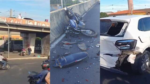 Motociclista fica gravemente ferido após colidir em traseira de carro e cair de viaduto