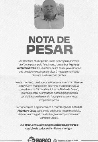 Prefeitura de Barão publica nota de pesar, dado ao falecimento do ex-vereador Pedro Costa, ocorrido nessa quarta